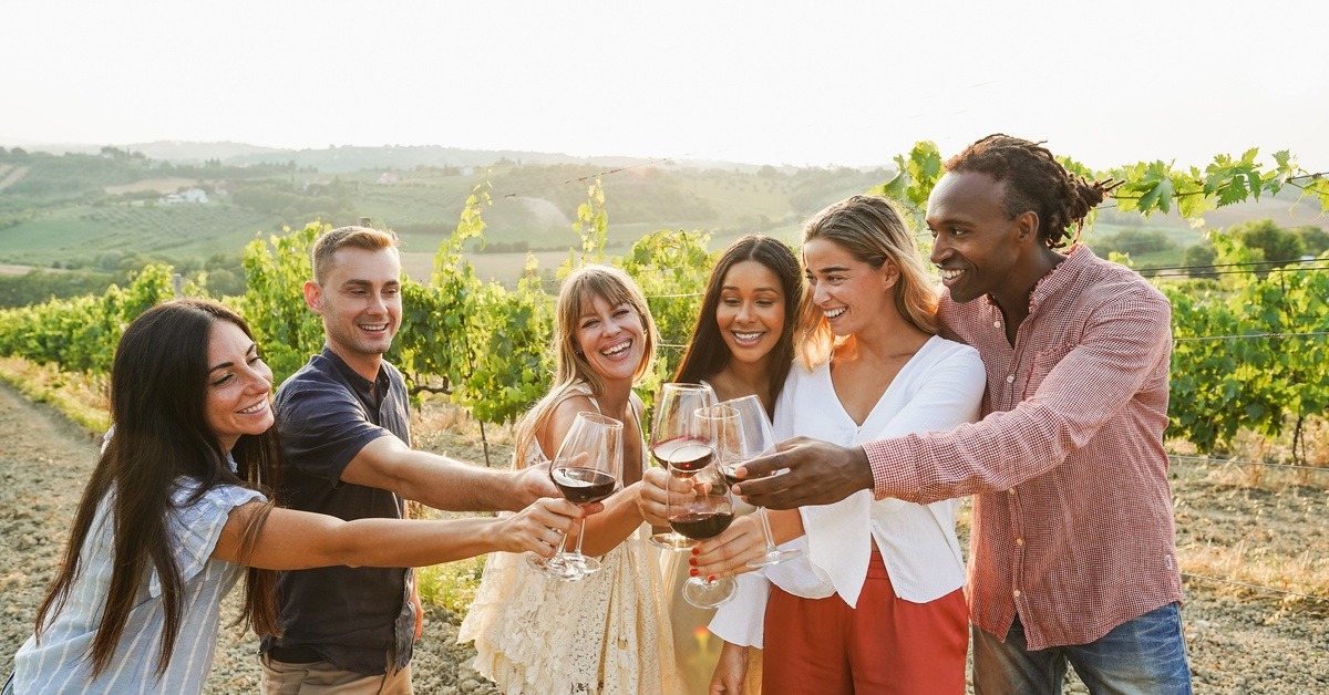A group of six joyful friends toasting glasses of red wine in front of a sprawling vineyard at golden hour.
